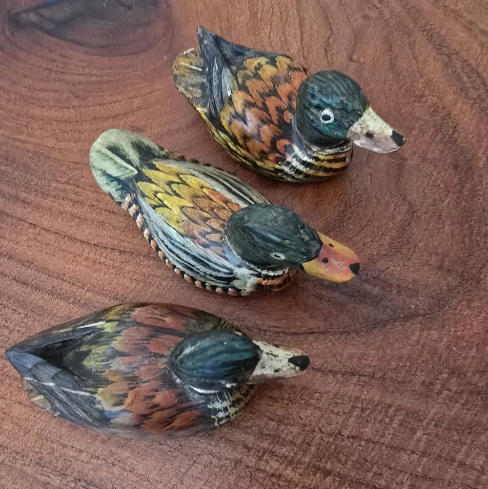 VINTAGE Handcrafted Wooden DUCKS Figurines - Multicolor SET OF THREE